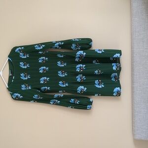 Size 3 Maje Green Blue Floral Pleated Long Sleeve Rockinett Dress